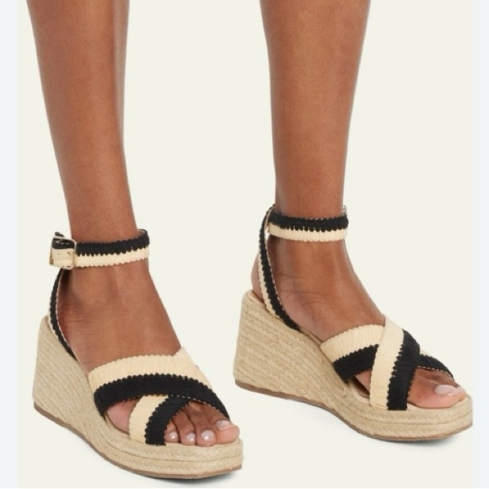 Castañer Tatiana Raffia Ankle Strap Wedge Sandal Black /Natural NEW